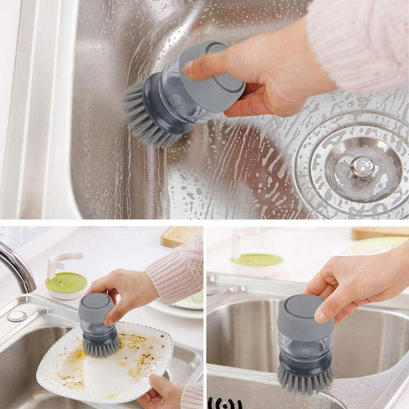 Palm Brush Upgraded,JISSBON Dish Brush Kitchen Soap Dispensing Brush with Storage Stand Dishes Mini Soap Dish Scrubber for Kitchen Dish Pot Pan Sink(Gray,1 Pack)