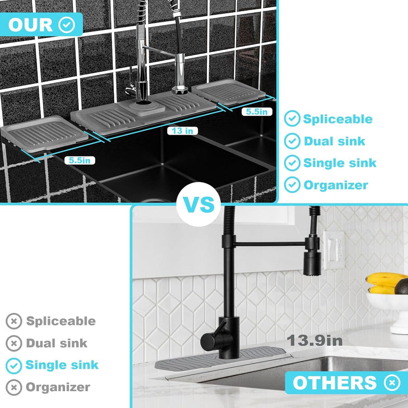 5°slope kitchen sink splash guard-gray silicone faucet mat handle drip catcher tray behind faucet with soap dispenser hole-1pc water clear gadgets for sink accessories 5 by 24inch long organizer