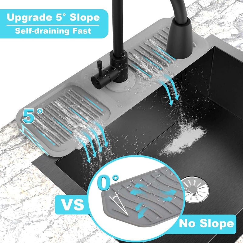 5°slope kitchen sink splash guard-gray silicone faucet mat handle drip catcher tray behind faucet with soap dispenser hole-1pc water clear gadgets for sink accessories 5 by 24inch long organizer