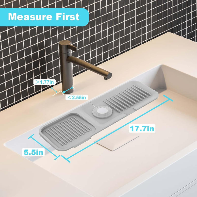 5°slope kitchen sink splash guard-gray silicone faucet mat handle drip catcher tray behind faucet with soap dispenser hole-1pc water clear gadgets for sink accessories 5 by 24inch long organizer