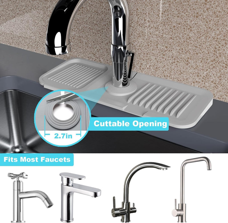 5°slope kitchen sink splash guard-gray silicone faucet mat handle drip catcher tray behind faucet with soap dispenser hole-1pc water clear gadgets for sink accessories 5 by 24inch long organizer