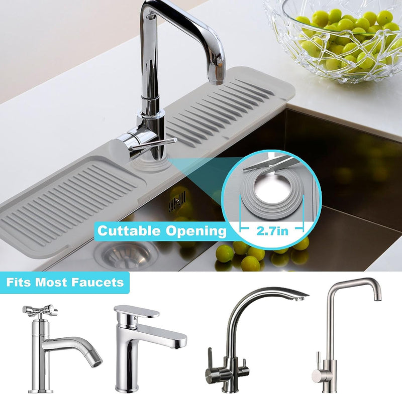 5°slope kitchen sink splash guard-gray silicone faucet mat handle drip catcher tray behind faucet with soap dispenser hole-1pc water clear gadgets for sink accessories 5 by 24inch long organizer