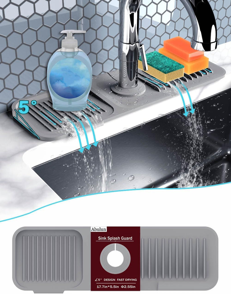 5°slope kitchen sink splash guard-gray silicone faucet mat handle drip catcher tray behind faucet with soap dispenser hole-1pc water clear gadgets for sink accessories 5 by 24inch long organizer