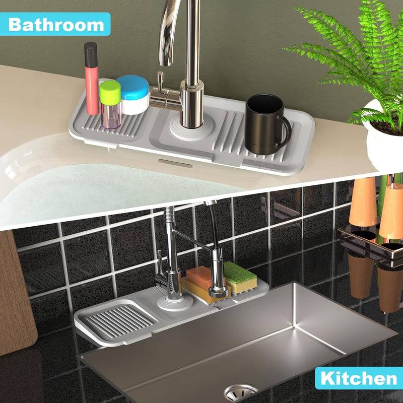 5°slope kitchen sink splash guard-gray silicone faucet mat handle drip catcher tray behind faucet with soap dispenser hole-1pc water clear gadgets for sink accessories 5 by 24inch long organizer