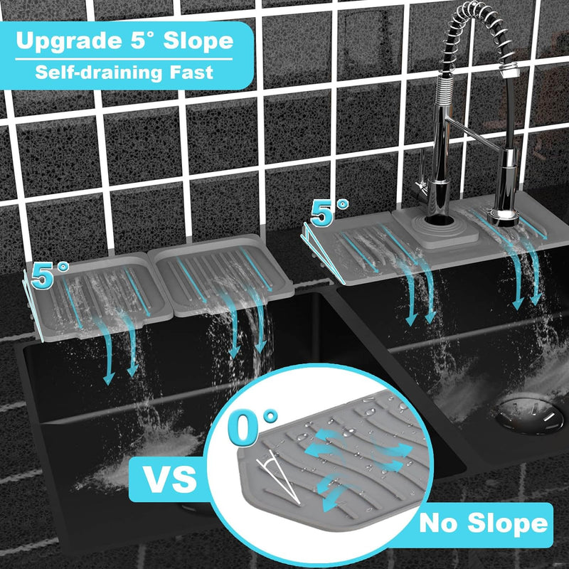 5°slope kitchen sink splash guard-gray silicone faucet mat handle drip catcher tray behind faucet with soap dispenser hole-1pc water clear gadgets for sink accessories 5 by 24inch long organizer